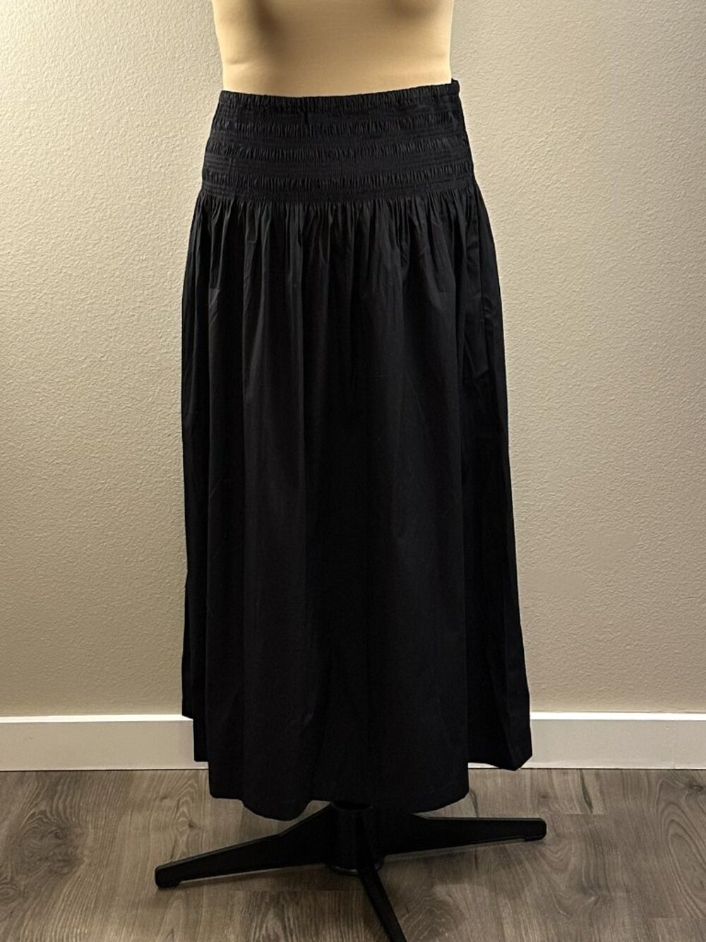 Madewell Black Smocked Waist Cotton Poplin Midi Skirt NWT